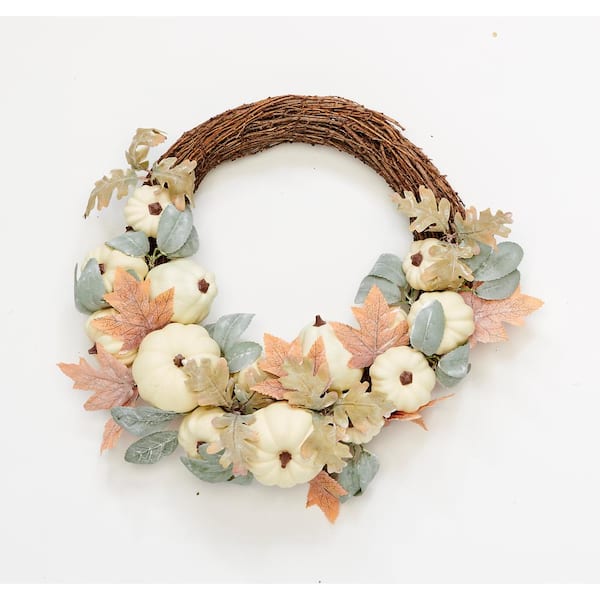 Unbranded 17 in. Artificial Fall Pumpkin and Leaves Half Wreath on Natural Twig Base