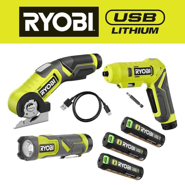 RYOBI USB Lithium 3-Tool Combo Kit w/ Flashlight, Screwdriver, Cutter, (2) 2Ah Batteries, Charger, & USB Lithium 3Ah Battery