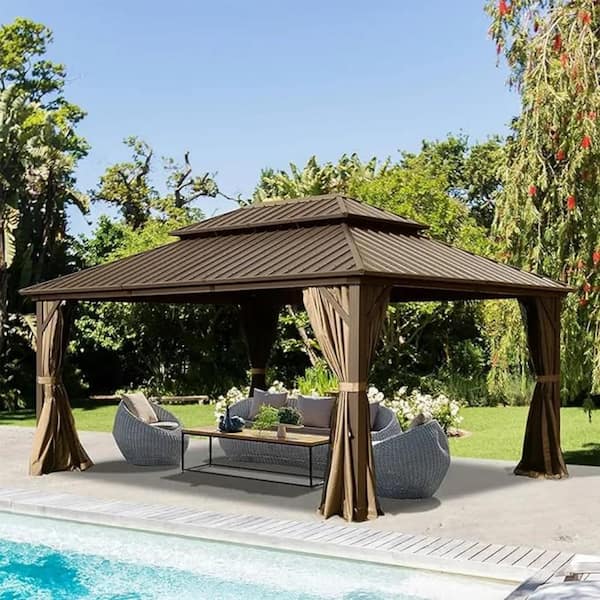 Daheat Benja 14 ft. x 10 ft. Aluminum Hardtop Gazebo in Brown with Double Galvanized Steel Roofs and Mosquito Net