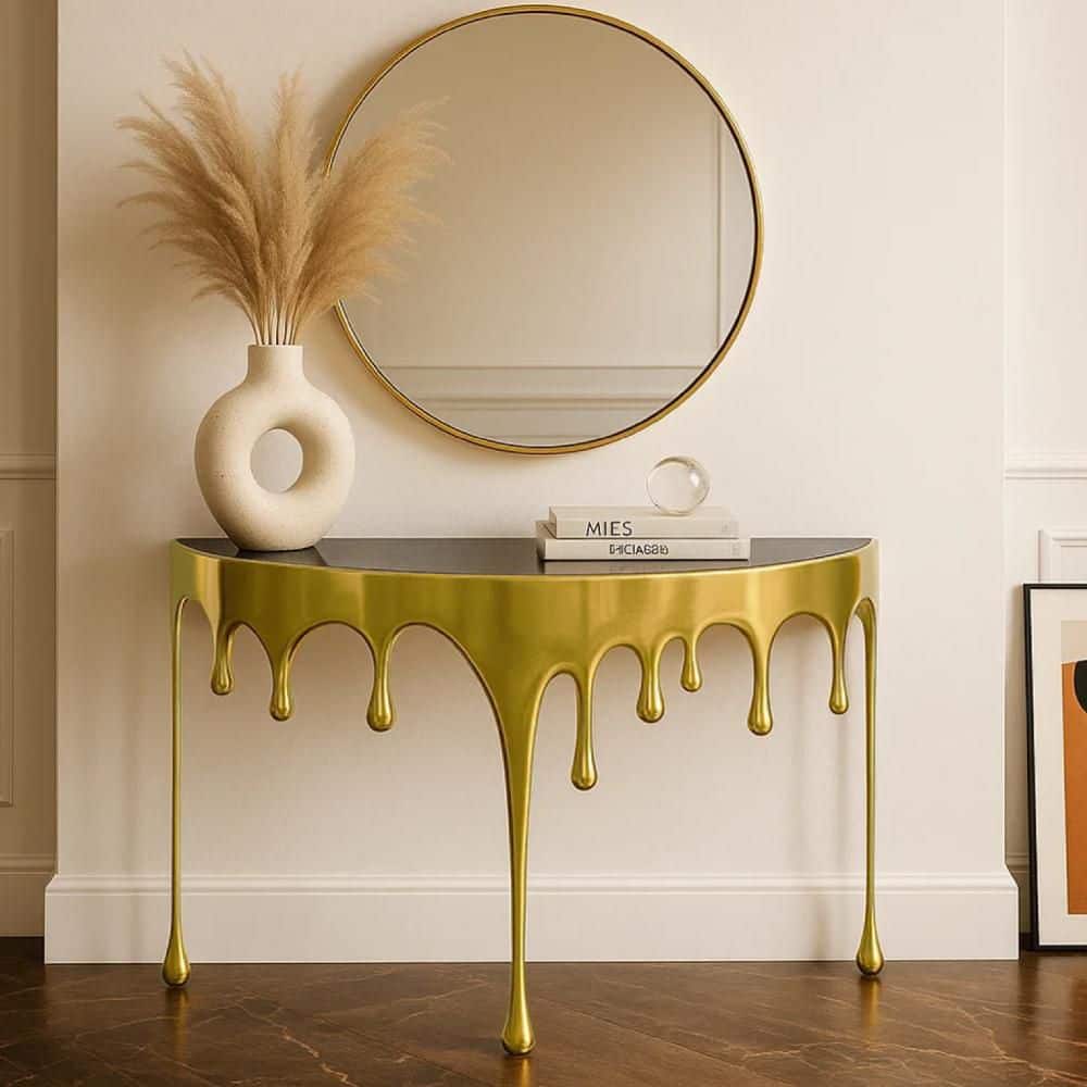 Capri 36.5 in. Gold and Black Half-Moon Glass Top Sofa Console Table price history on PriceWatchPro
