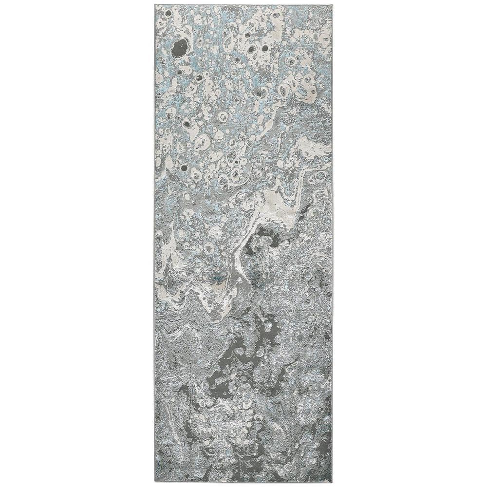 Azure Modern Metallic Oil Slick, Silver Gray/Teal, 2ft-10in x 7ft-10in, Runner