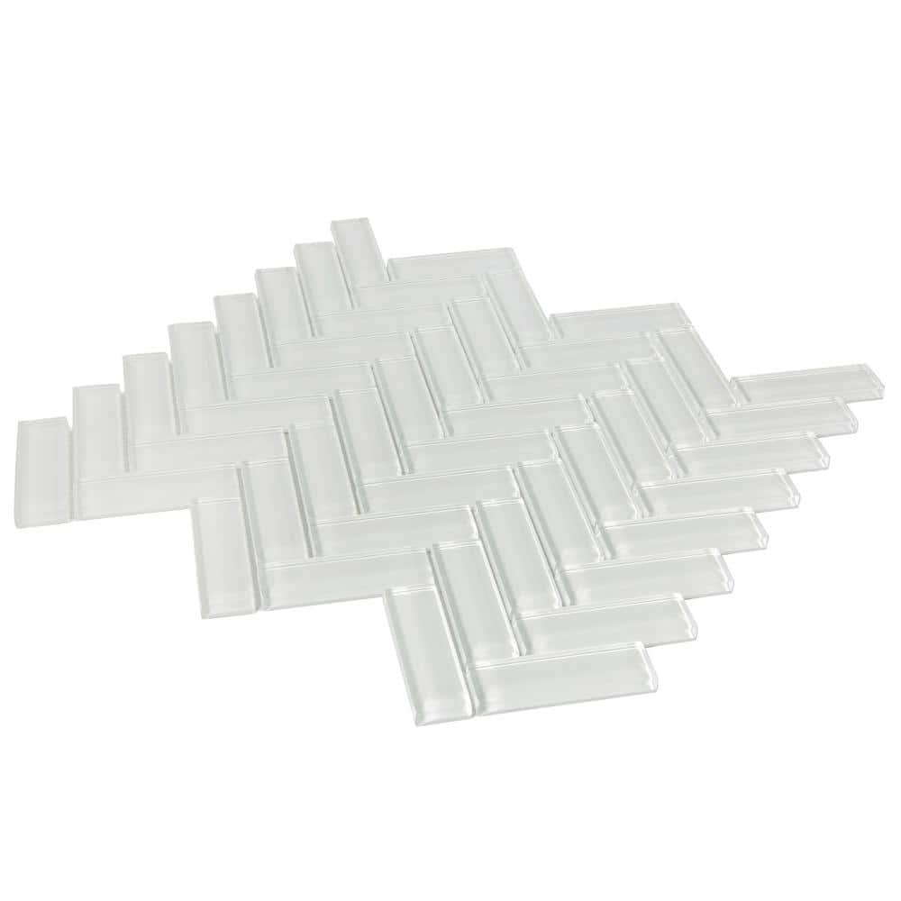 Ice White Herringbone Polished Glass Mosaic Tile 11" x 12.6"