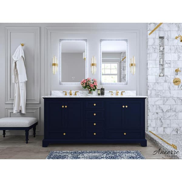 Ancerre Designs Audrey 72 in. W x 22 in. D Bath Vanity in Heritage Blue w/ Marble Vanity Top in White w/ White Basin and Gold Hardware