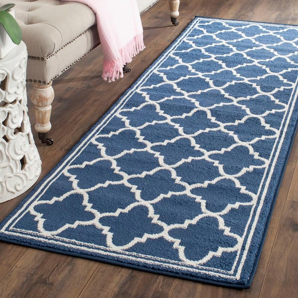 Amherst Navy/Beige 2 ft. x 7 ft. Border Multi-Trellis Runner Rug
