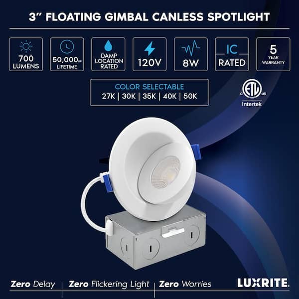 3 in. Floating Adjustable LED Can less Recessed Light, J-Box, 5CCT 2700K-5000K, Dimmable, 8W, 700LM, Damp Rated 6-Pack