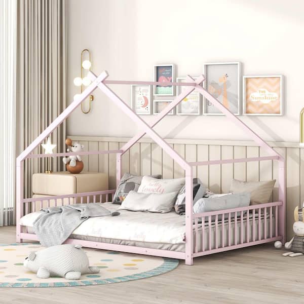 Pink Metal Frame Full Platform Bed with Roof