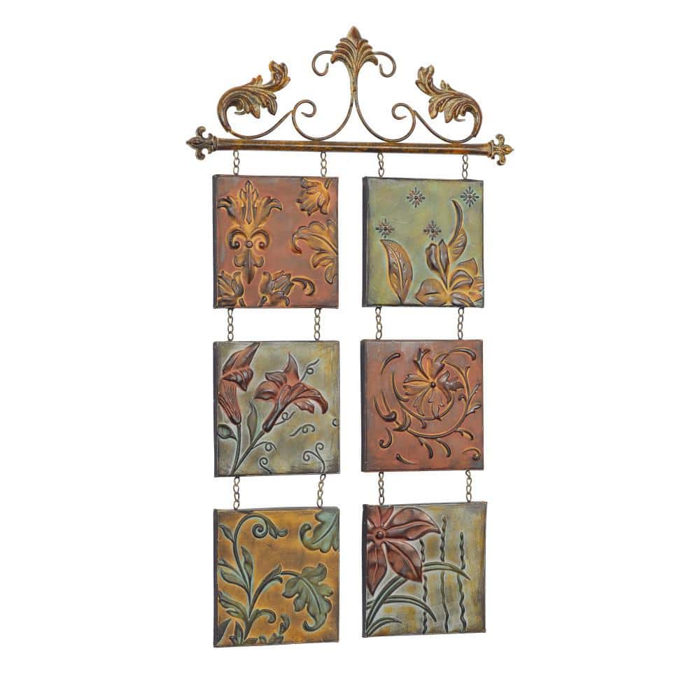 Multi-Colored Metal Botanical Wall Sculpture with Embossed Panels