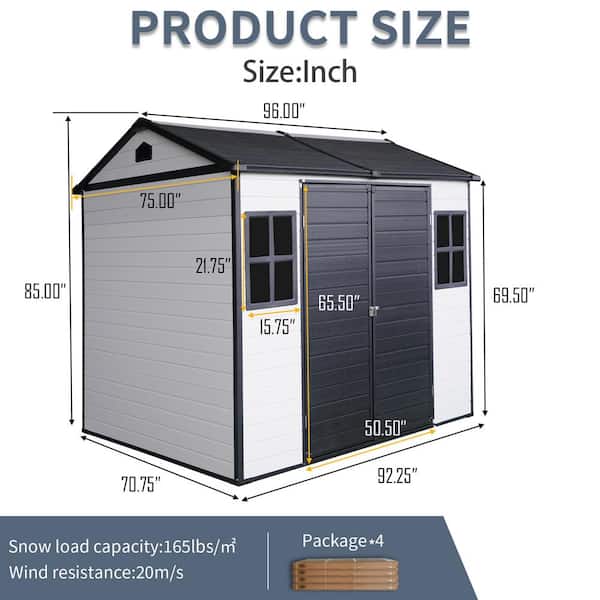 8 x 6 ft Resin Outdoor Storage Shed-Waterproof with Floor, Two