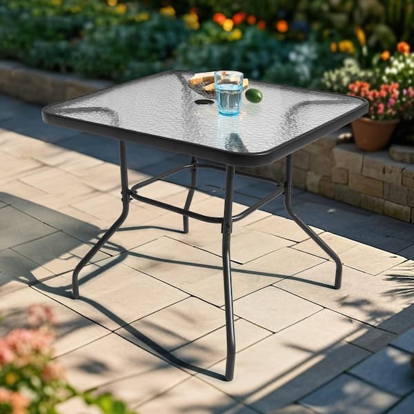 Black Square Metal Outdoor Dining Table with Umbrella Hole and Tempered Glass Tabletop