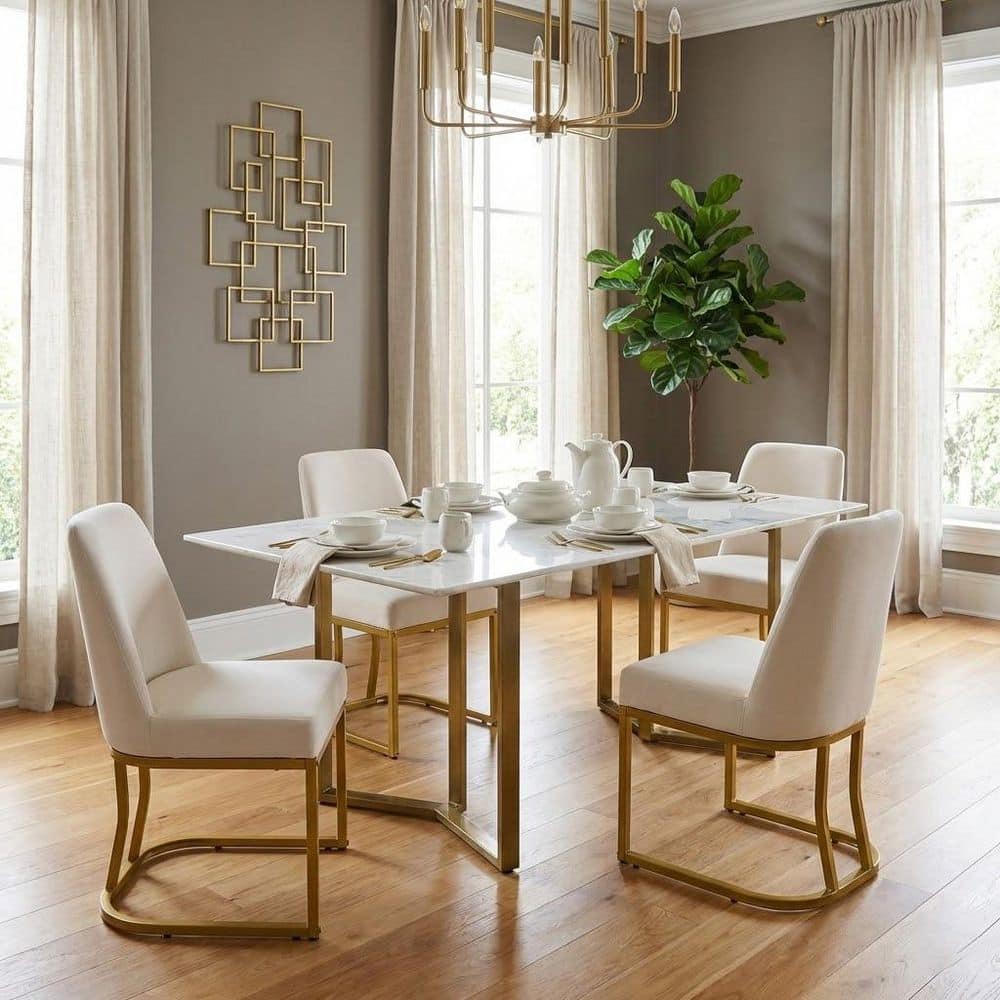 Modern Beige Fabric Curved Backrest Dining Chair Gold Metal Legs Kitchen Chair with Removable Pads Set of 6 price history on PriceWatchPro