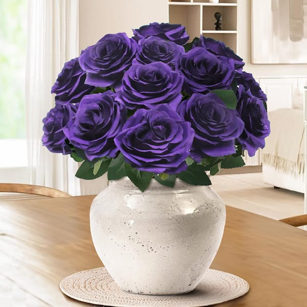 18 in. Dark Purple Artificial Queen Rose Flower Stem Bush Bouquet (Set of 2)