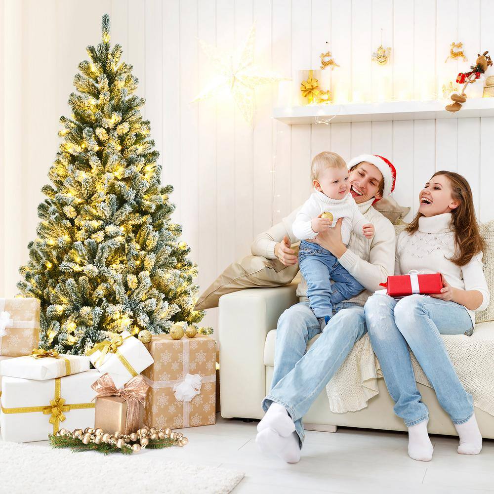 6' Green Snow Flocked PVC Christmas Tree with Warm White LED Lights