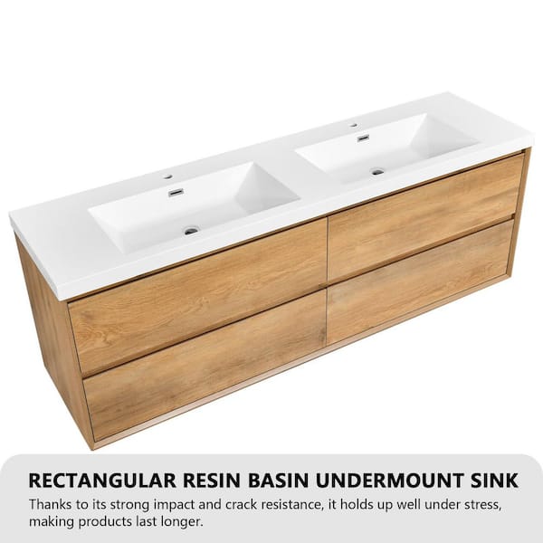 Solenne 72 in. W x 19.3 in. D x 25.6 in. H Double Sink Floating Bath Vanity in Nature Brown with White Resin Top