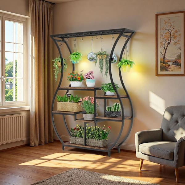 70.9 in. Brown Vase Shape Specialty Indoor Plant Stand with 10 Hanging Hooks,6-shelf Plant Stand for Balcony Living Room