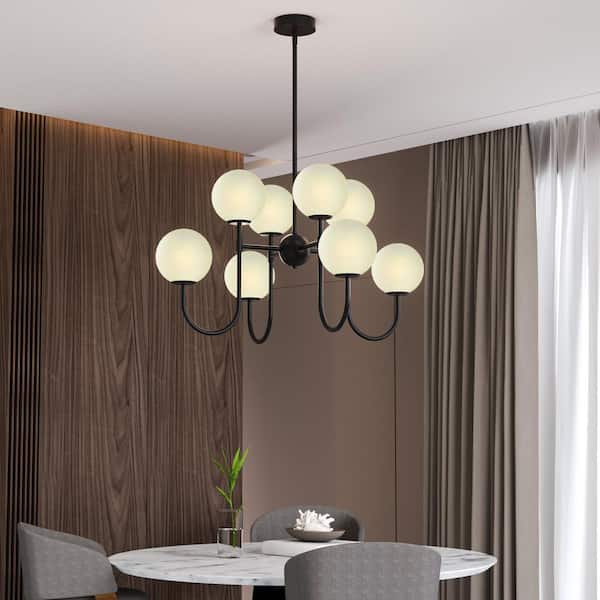 Kansas 8-Light 32 in. Black Modern Tiered Dimmable Chandeliers With White Glass Shade Living Foyer Lighting