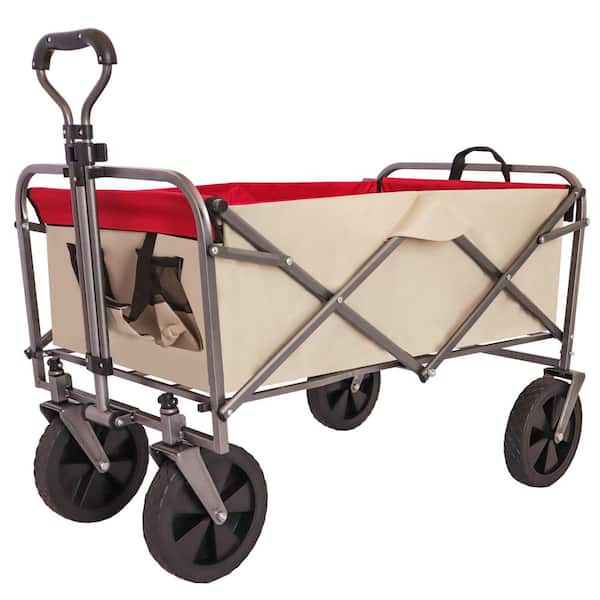 Tunearary 220 lbs. Capacity 4 cu. ft. Folding Utility Fabric Wagon Beach Serving Shopping Trolley Garden Cart (Beige and Red)