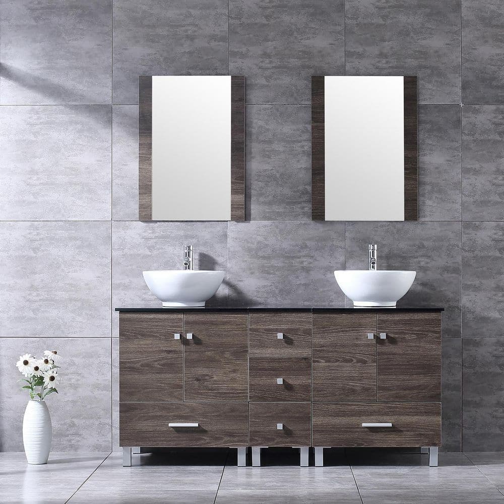 60 in. Brown Bathroom Vanity Double Glass Top White Ceramic Sink Large Bathroom Storage Cabinet with Mirror price history on PriceWatchPro