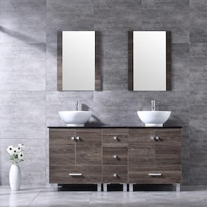 60 in. Brown Bathroom Vanity Double Glass Top White Ceramic Sink Large Bathroom Storage Cabinet with Mirror