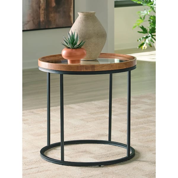 Noraluna 24 in. Medium Brown/Black Round Glass End Table