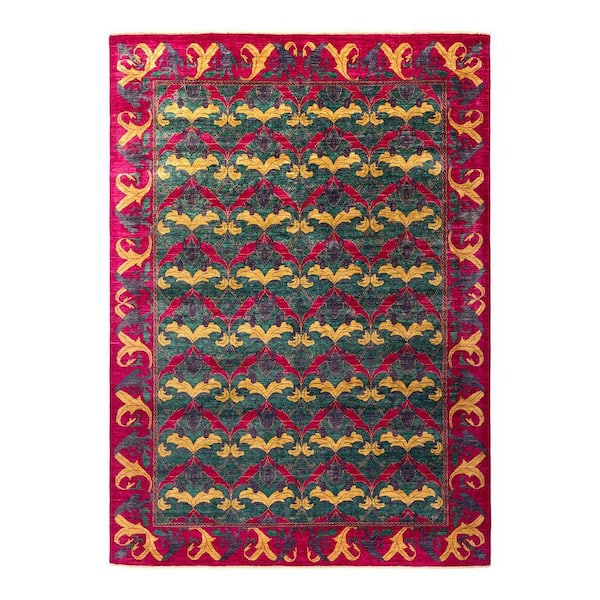 Arts & Crafts Purple 9 x 12 Floral Wool Indoor Area Rug