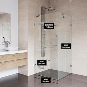 Monteray 30 in. W x 73 in. H Square Pivot Frameless Corner Shower Enclosure in Brushed Nickel with Clear Glass