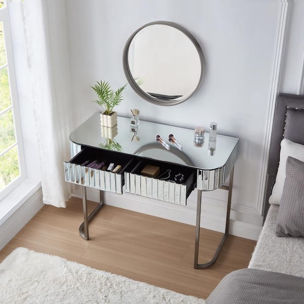 Harper & Bright Designs Silver 39 in. Mirrored Makeup Vanity Table with 2-Drawers and Stainless Steel Base