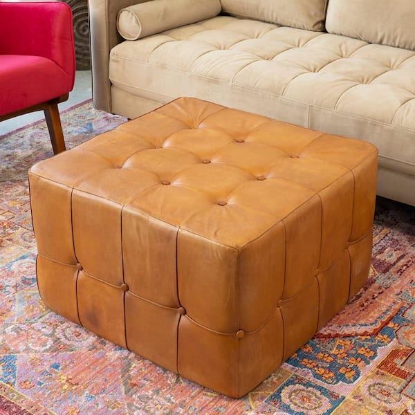 Cedro Mid-Century Modern Brown Genuine Leather Square Tufted Accent Ottoman