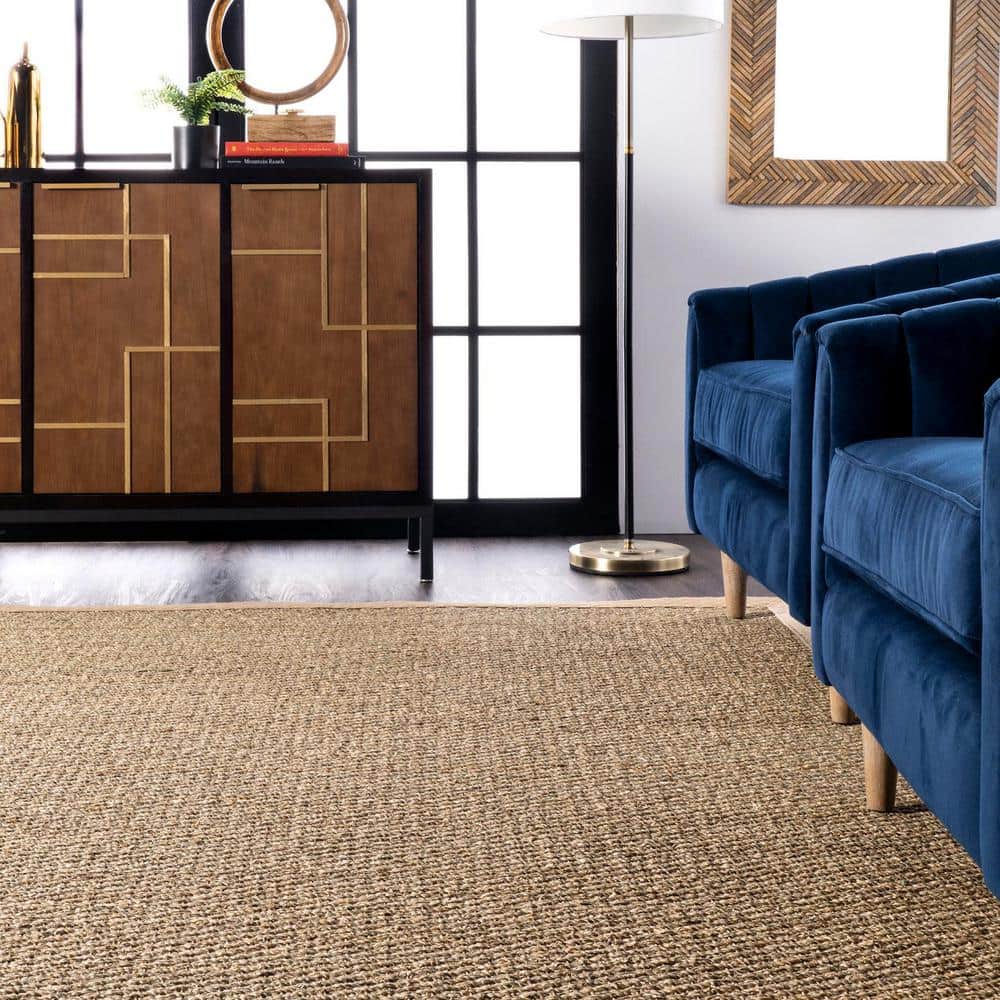 Beige Seagrass 8' Square Area Rug with Cotton Border