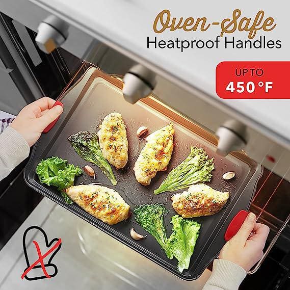 15-Piece Black Carbon Steel Bakeware Set with Red Silicone Handles
