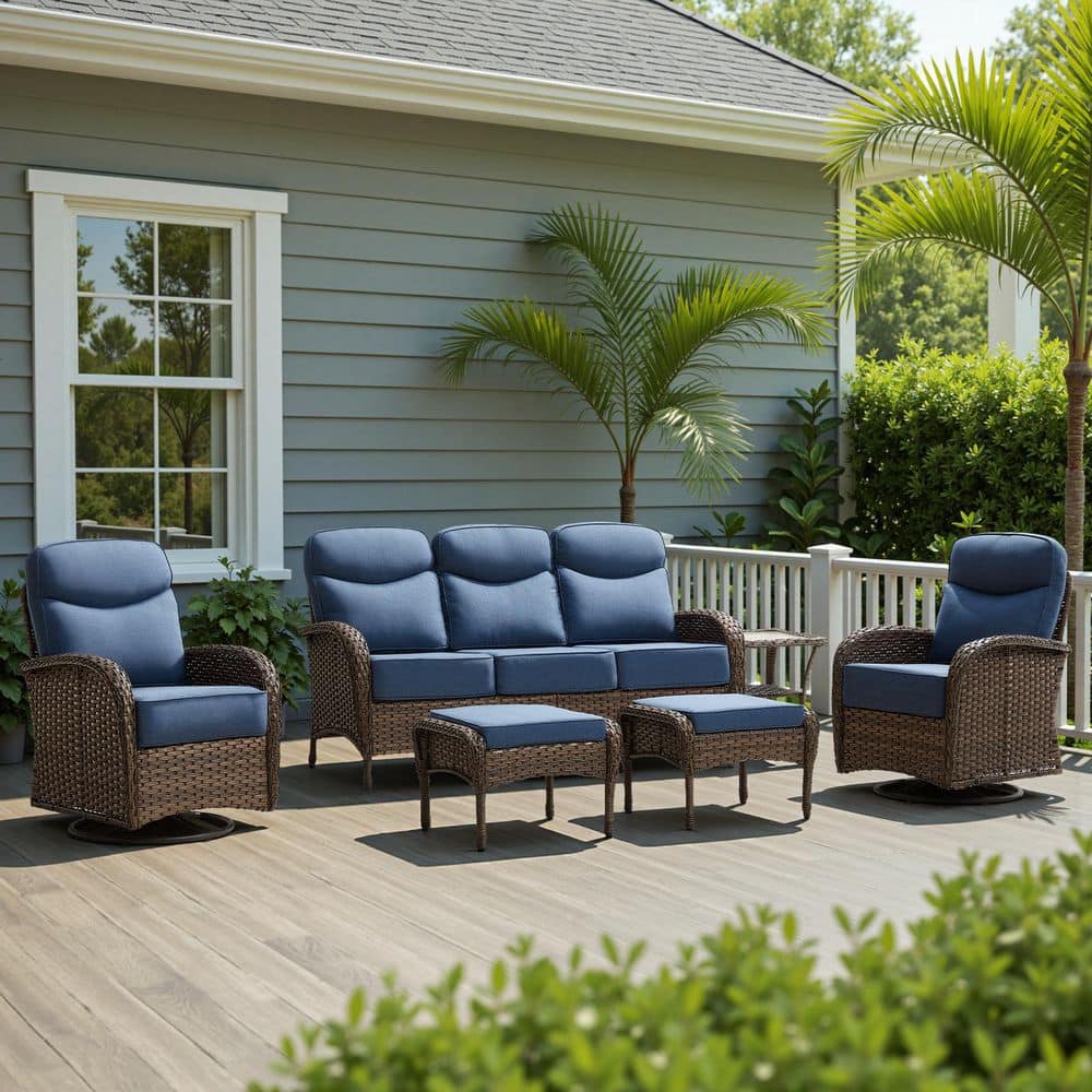 Luna 6-Piece Brown Wicker Patio Conversation Set with Swivel Gliders and 6 in. Olefin Navy Blue Cushions price history on PriceWatchPro