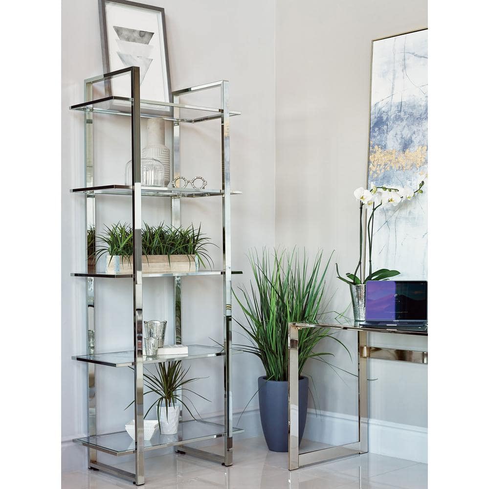 Hartford 79" Silver Chrome and Glass Shelf Bookcase
