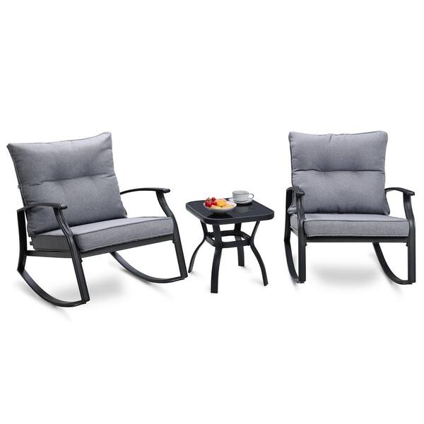 Unbranded 3-Piece Metal Outdoor Bistro Set with Gray Cushion Patio Rocking Chairs And Table