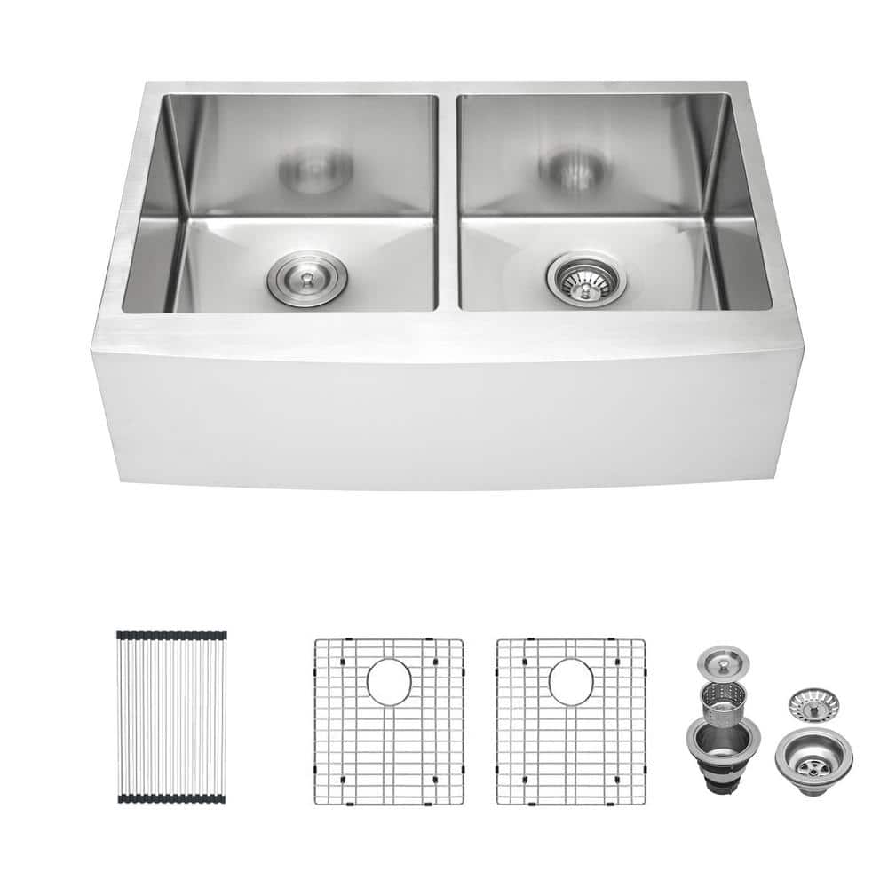 33 in. Farmhouse/Apron-Front Double Bowl Round Corner 16-Gauge Stainless Steel Kitchen Sink Farm Basin with Bottom Grids, Silver