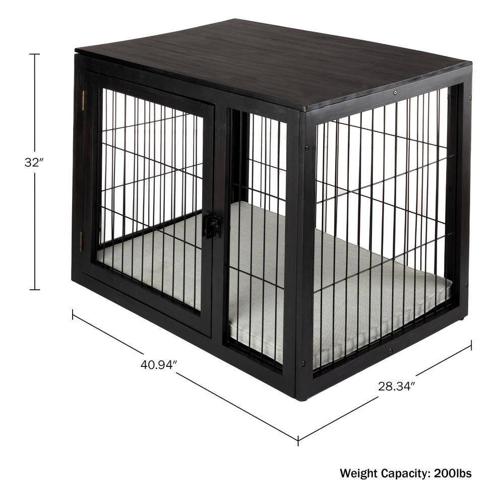 Large Black Acacia Wood and Metal Dog Crate Table