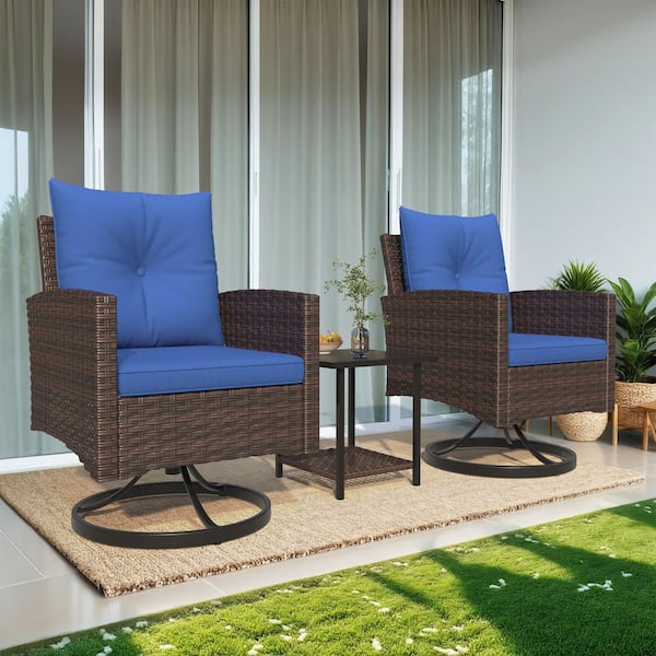 3-Piece Patio 360° Swivel Rocker Chairs, All-Weather PE Wicker Outdoor Bistro Set with Blue Cushions and 1-Coffee Table
