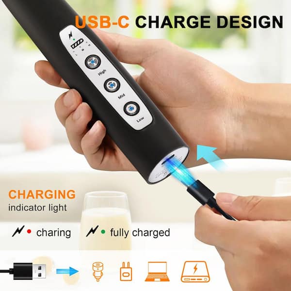 Electric Milk Frother Wand Without Stand for Coffee, Latte, Cappuccino, Hot Chocolate, and Egg, Black (1-Pack)
