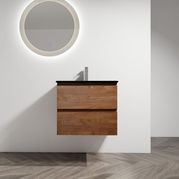 Boosicavelly 24 in. W x 18 in. D x 21 in. H Single Sink Wall-Mounted Bathroom Vanity Set in Brown Oak with Black Ceramic Top
