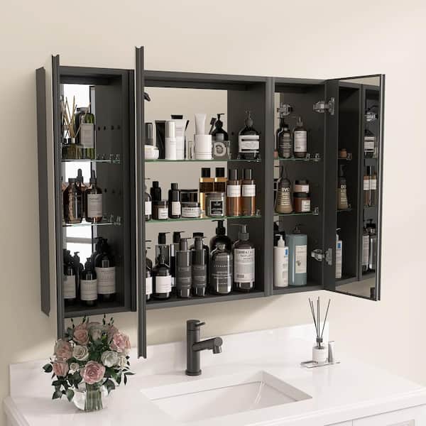 NTQ Zevra 40 in. W x 30 in. H Rectangular Black Aluminum Surface Mount Bathroom Medicine Cabinet with Mirror and Lights