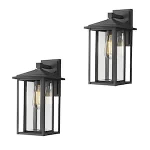 15 in. 1-Light Hardwired Black Finish with Clear Glass Outdoor Wall Lantern Sconce Wall Light 2-Pack