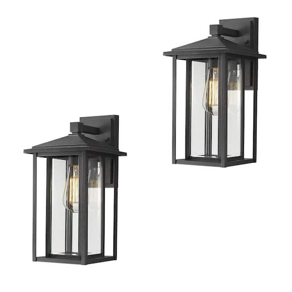 JAZAVA 15 in. 1-Light Hardwired Black Finish with Clear Glass Outdoor Wall Lantern Sconce Wall Light 2-Pack