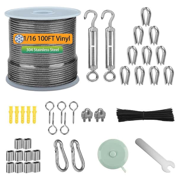 1/16 Wire Rope Kit 100 ft. Vinyl Coated Stainless Steel Cable with Turnbuckles for Outdoor String Lights Hanging