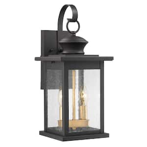 2-Light Black Outdoor Wall Light Sconce with Seeded Glass