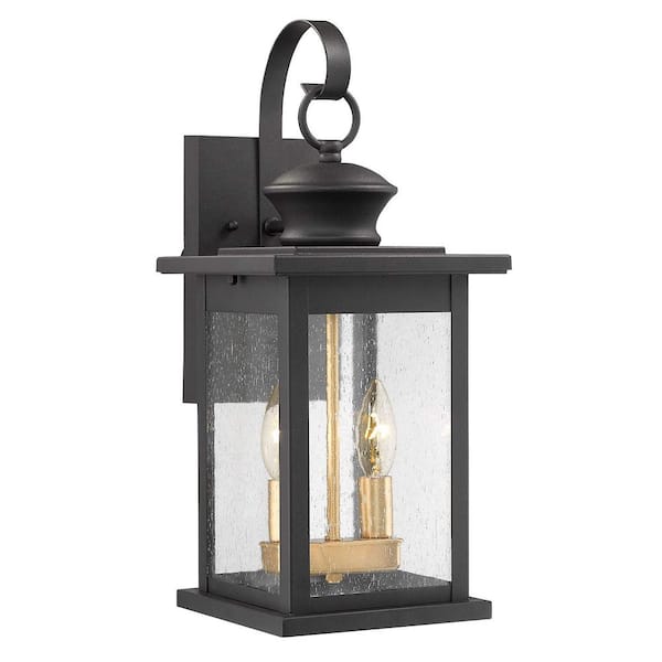 JAZAVA 2-Light Black Outdoor Wall Light Sconce with Seeded Glass