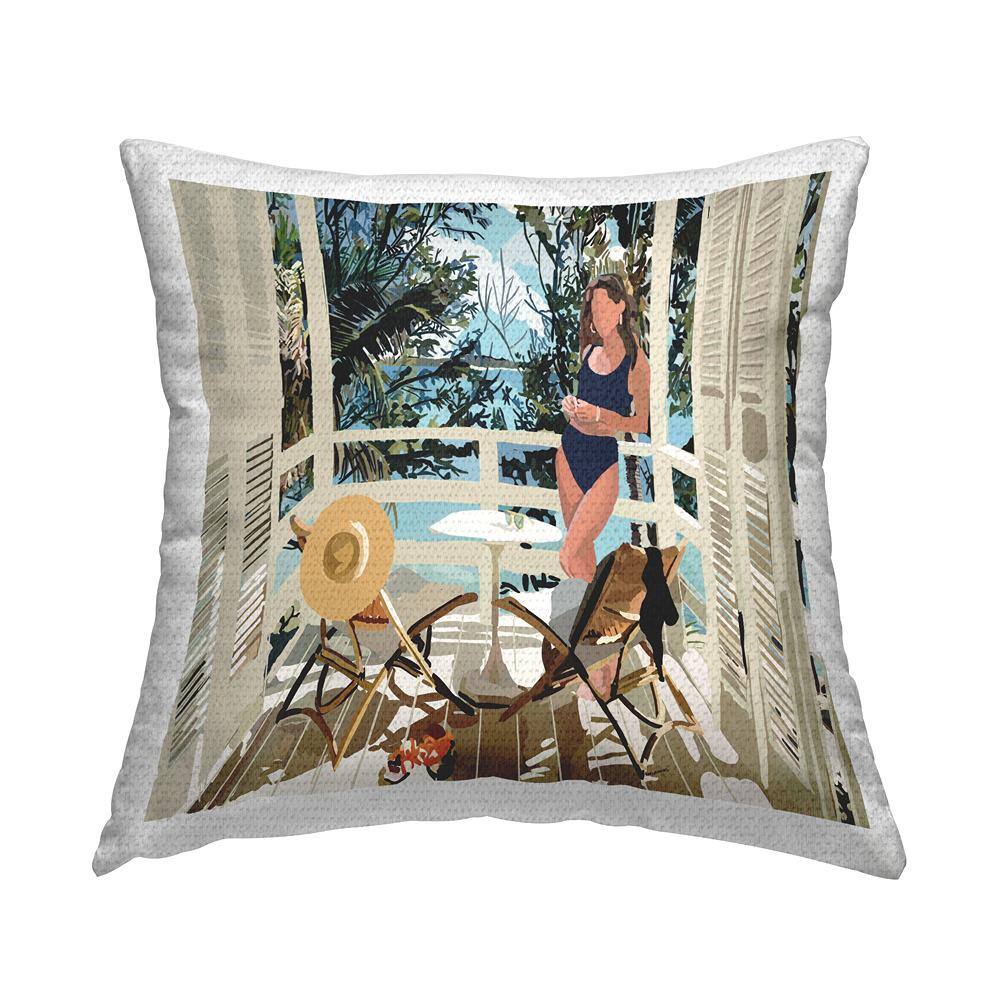 Lounging Woman Coastal Beach Balcony Multi-Color Square Outdoor Throw Pillow price history on PriceWatchPro