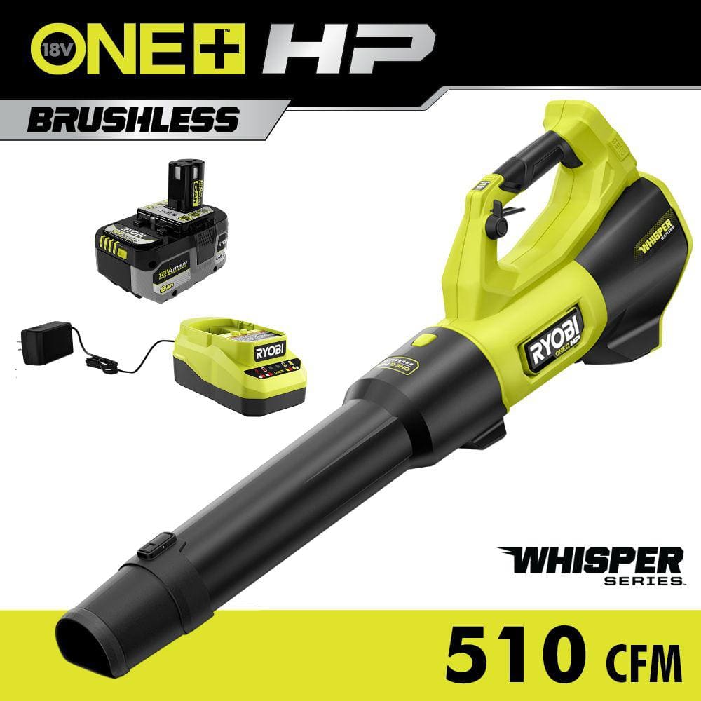 RYOBI ONE+ HP 18V Brushless Whisper Series 130 MPH 510 CFM Cordless Battery Leaf Blower with 6.0 Ah Battery and Charger PBLLB01K - The Home Depot
