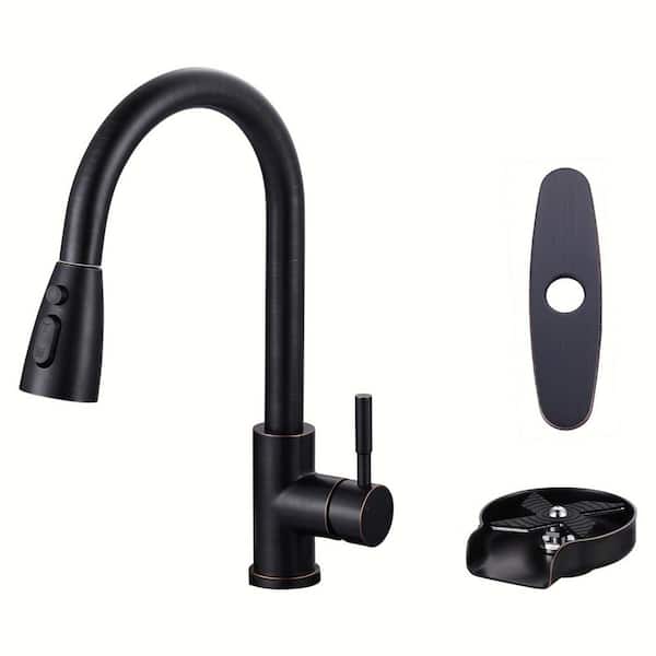 Stainless Steel Single Handle Pull Down Sprayer Kitchen Faucet with 3-Modes Sprayer and Glass Rinser Oil Rubbed Bronze