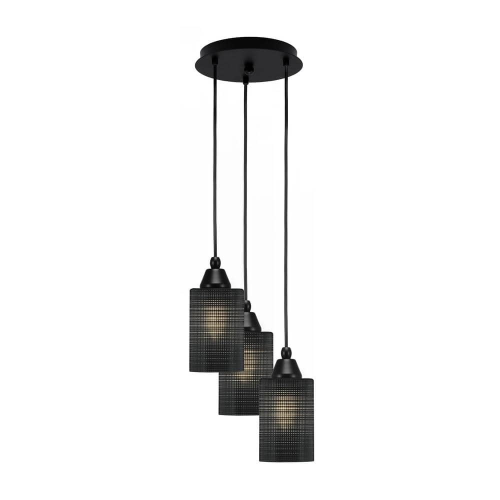 Savannah 10 in. 3-Light Matte Black Cord Pendant Light Black Matrix Glass S