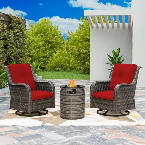 3-Piece Brown Rattan Wicker Outdoor Fire Pit Table Patio Set Swivel Rocking Chair with Red Cushions