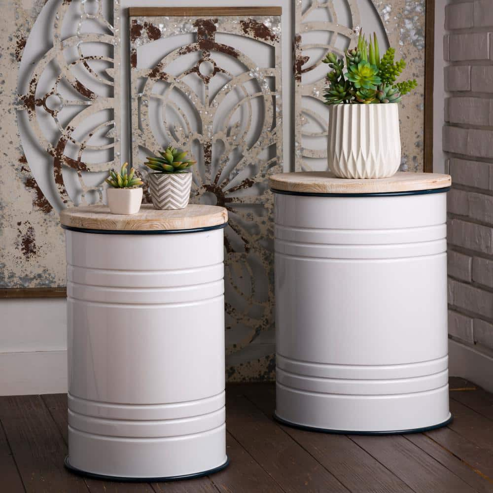 Glitzhome Set of 2 Farmhouse Metal Enamel Storage Stool