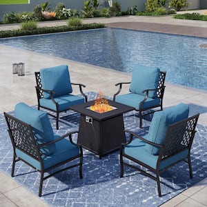 Black Metal Meshed 4 Seat 5-Piece Steel Outdoor Patio Conversation Set with Denim Blue Cushions, Square Fire Pit Table